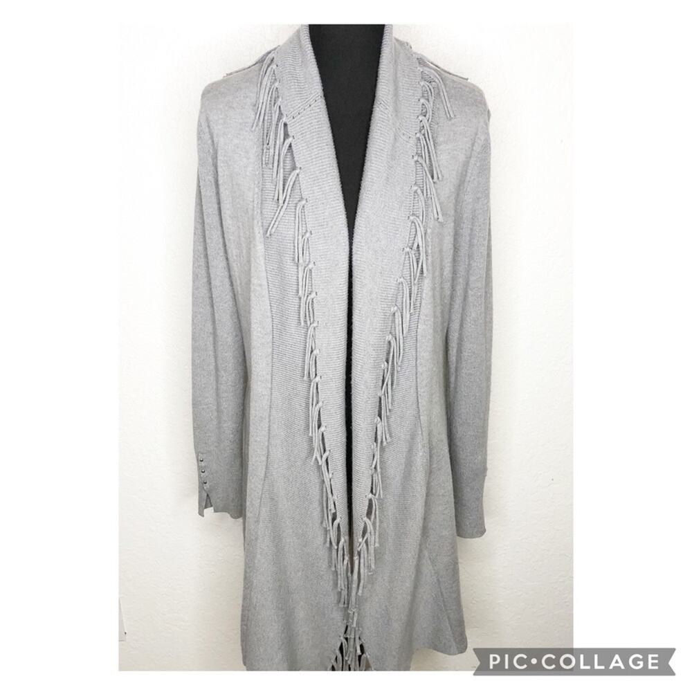 WHBM gray fringe trim open front long wool blend cardigan size Medium